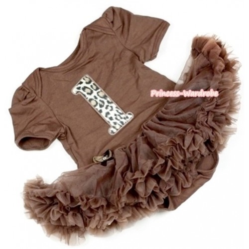 Brown Baby Jumpsuit Brown Pettiskirt with 1st Leopard Birthday Number Print JS757 