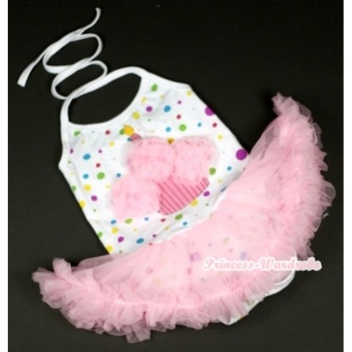 White Rainbow Dots Baby Halter Jumpsuit Light Pink Pettiskirt With Light Pink Rosettes Birthday Cake Print JS845 