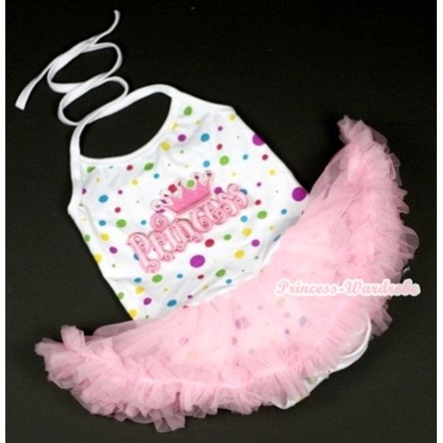 White Rainbow Dots Baby Halter Jumpsuit Light Pink Pettiskirt With Princess Print JS848 