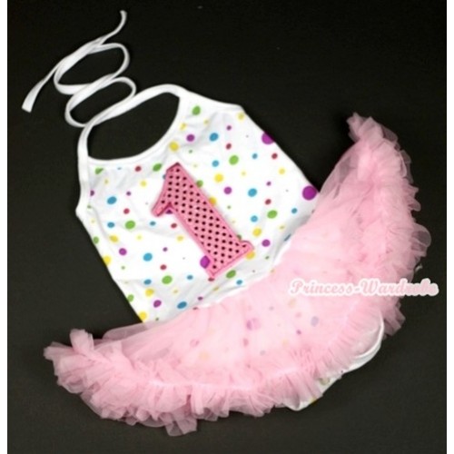 White Rainbow Dots Baby Halter Jumpsuit Light Pink Pettiskirt With 1st Sparkle Light Pink Birthday Number Print JS850 