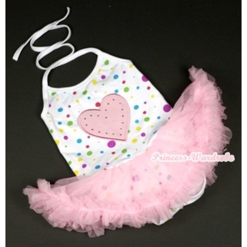 White Rainbow Dots Baby Halter Jumpsuit Light Pink Pettiskirt With Light Pink Heart Print JS851 