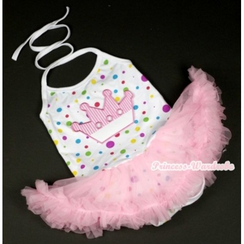 White Rainbow Dots Baby Halter Jumpsuit Light Pink Pettiskirt With Crown Print JS852 