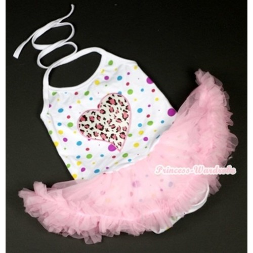 White Rainbow Dots Baby Halter Jumpsuit Light Pink Pettiskirt With Light Pink Leopard Heart Print JS853 