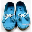 Peacock Blue Leather White Tessels Cute Bow Girl Shoes SE007 