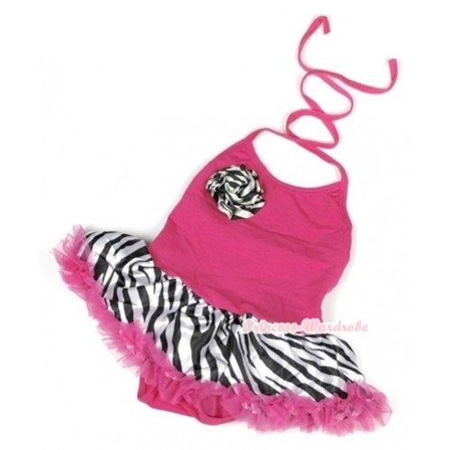 Hot Pink Baby Halter Jumpsuit Hot Pink Zebra Pettiskirt With One Zebra Rose JS901 