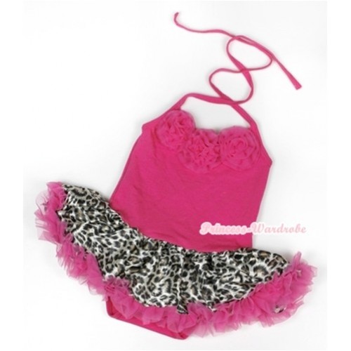 Hot Pink Baby Halter Jumpsuit Hot Pink Leopard Pettiskirt With Hot Pink Rosettes JS902 