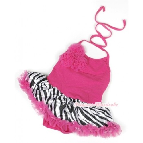 Hot Pink Baby Halter Jumpsuit Hot Pink Zebra Pettiskirt With Bunch Of Hot Pink Rosettes JS903 