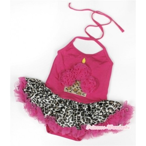 Hot Pink Baby Halter Jumpsuit Hot Pink Leopard Pettiskirt With Hot Pink Leopard Birthday Cake Print JS905 