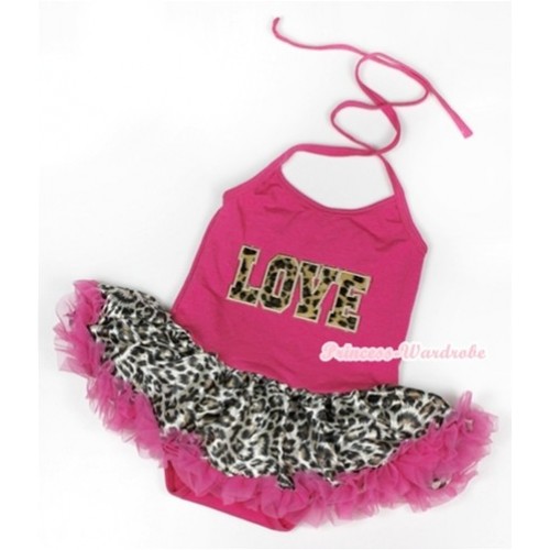 Hot Pink Baby Halter Jumpsuit Hot Pink Leopard Pettiskirt With Leopard Love Print JS906 