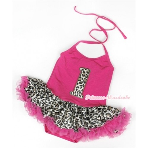 Hot Pink Baby Halter Jumpsuit Hot Pink Leopard Pettiskirt With 1st Leopard Birthday Number Print JS907 