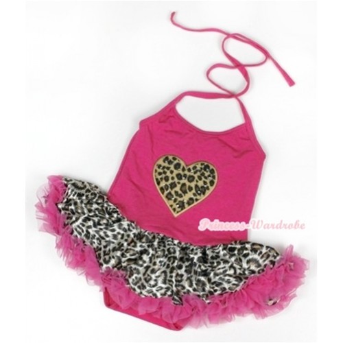 Hot Pink Baby Halter Jumpsuit Hot Pink Leopard Pettiskirt With Leopard Heart Print JS908 