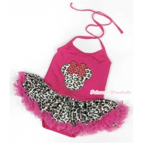 Hot Pink Baby Halter Jumpsuit Hot Pink Leopard Pettiskirt With Leopard Minnie Print JS909 