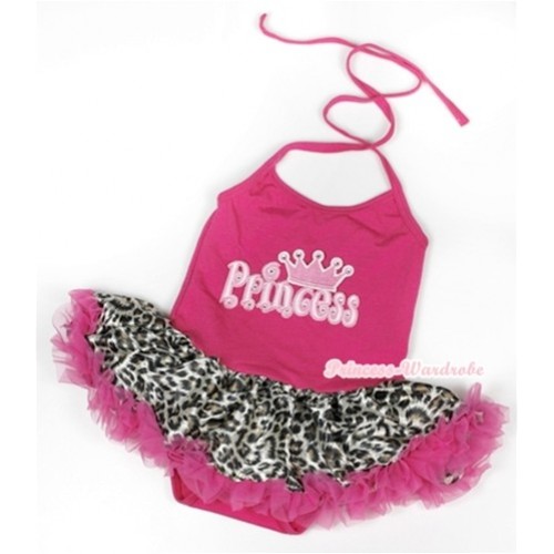 Hot Pink Baby Halter Jumpsuit Hot Pink Leopard Pettiskirt With Princess Print JS913 