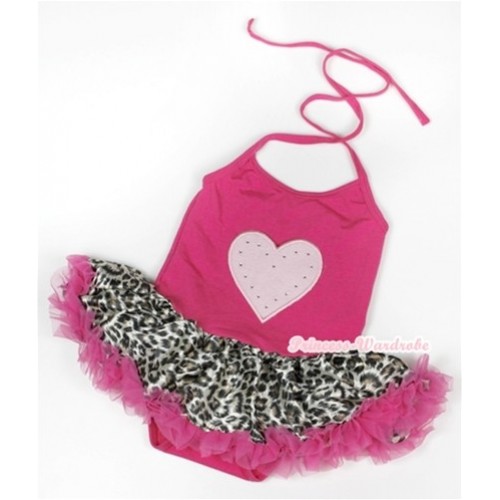 Hot Pink Baby Halter Jumpsuit Hot Pink Leopard Pettiskirt With Light Pink Heart Print JS914 