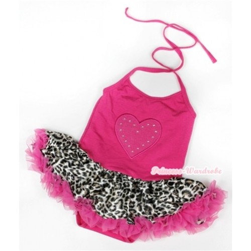 Hot Pink Baby Halter Jumpsuit Hot Pink Leopard Pettiskirt With Hot Pink Heart Print JS915 