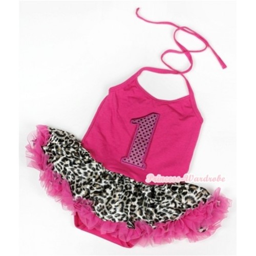 Hot Pink Baby Halter Jumpsuit Hot Pink Leopard Pettiskirt With 1st Sparkle Hot Pink Birthday Number Print JS917 