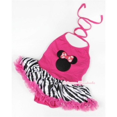 Hot Pink Baby Halter Jumpsuit Hot Pink Zebra Pettiskirt With Hot Pink Minnie Print JS921 