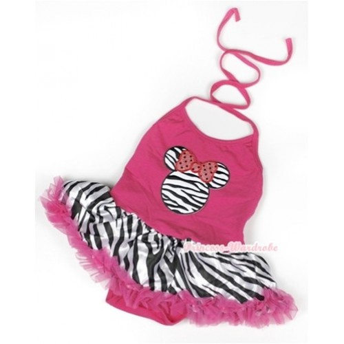 Hot Pink Baby Halter Jumpsuit Hot Pink Zebra Pettiskirt With Zebra Minnie Print JS923 