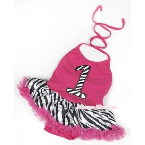 Hot Pink Baby Halter Jumpsuit Hot Pink Zebra Pettiskirt With 1st Zebra Birthday Number Print JS924 