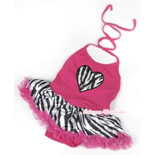 Hot Pink Baby Halter Jumpsuit Hot Pink Zebra Pettiskirt With Zebra Heart Print JS925 