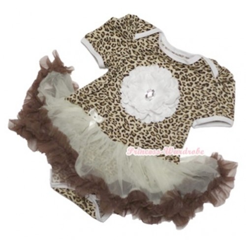 Leopard Baby Jumpsuit Cream White Brown Pettiskirt with White Crystal Peony JS954 