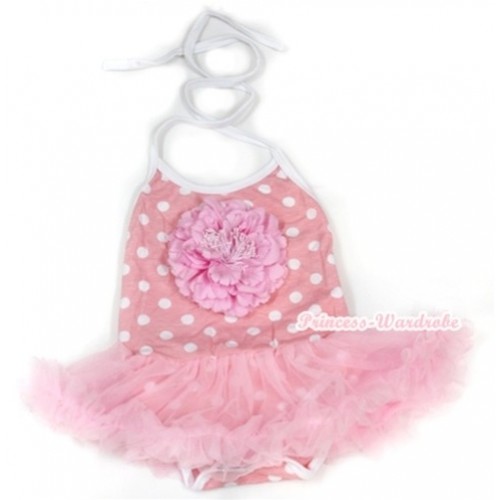 Light Pink White Dots Baby Halter Jumpsuit Light Pink Pettiskirt With Light Pink Peony JS960 