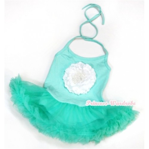 Aqua Blue Baby Halter Jumpsuit Aqua Blue Pettiskirt With White Peony JS961 