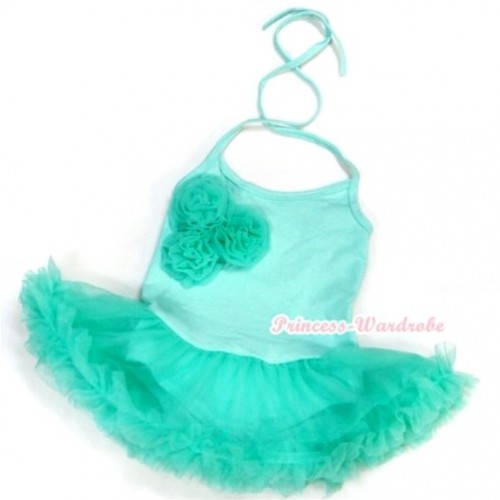 Aqua Blue Baby Halter Jumpsuit Aqua Blue Pettiskirt With Bunch Of Aqua Blue Rosettes JS964 