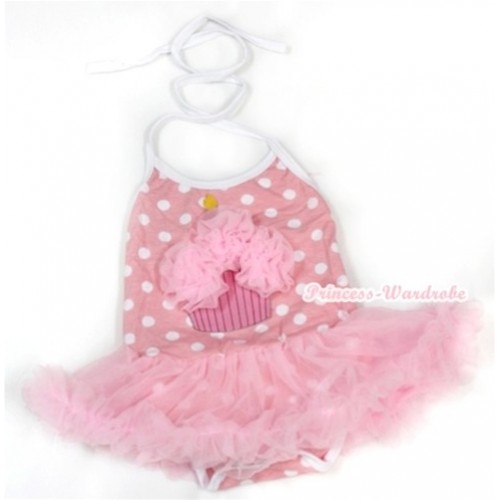 Light Pink White Dots Baby Halter Jumpsuit Light Pink Pettiskirt With Light Pink Rosettes Birthday Cake Print JS970 