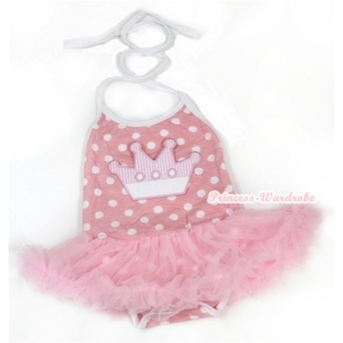 Light Pink White Dots Baby Halter Jumpsuit Light Pink Pettiskirt With Crown Print JS972 