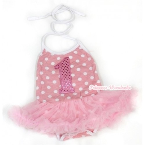 Light Pink White Dots Baby Halter Jumpsuit Light Pink Pettiskirt With 1st Sparkle Light Pink Birthday Number Print JS973 