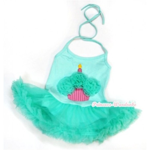 Aqua Blue Baby Halter Jumpsuit Aqua Blue Pettiskirt With Aqua Blue Rosettes Birthday Cake Print JS978 