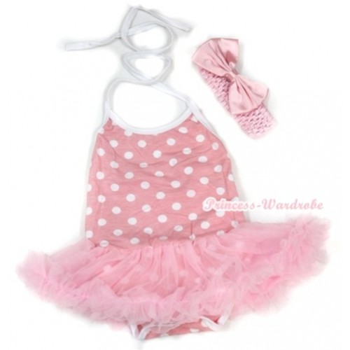 Light Pink White Dots Baby Halter Jumpsuit Light Pink Pettiskirt With Light Pink Headband Light Pink Satin Bow JS991 