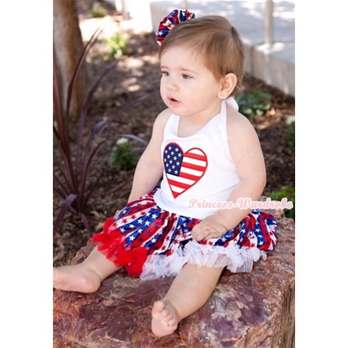 White Baby Halter Jumpsuit Red White Royal Blue Striped Stars Pettiskirt With Patriotic American Heart Print With Red White Royal Blue Striped Stars Rose JS1025 