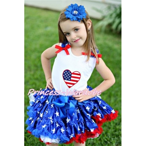 Patriotic America Star Pettiskirt with Patriotic America Heart Print White Tank Top With Patriotic America Star Ruffles & Red Bow MM167 