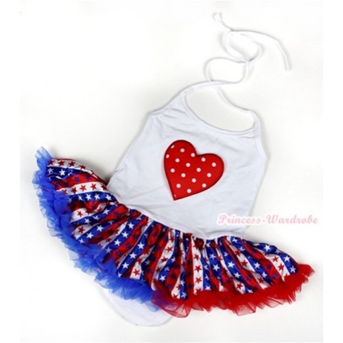 White Baby Halter Jumpsuit Red White Royal Blue Striped Stars Pettiskirt With Red White Polka Dots Heart Print JS1031 