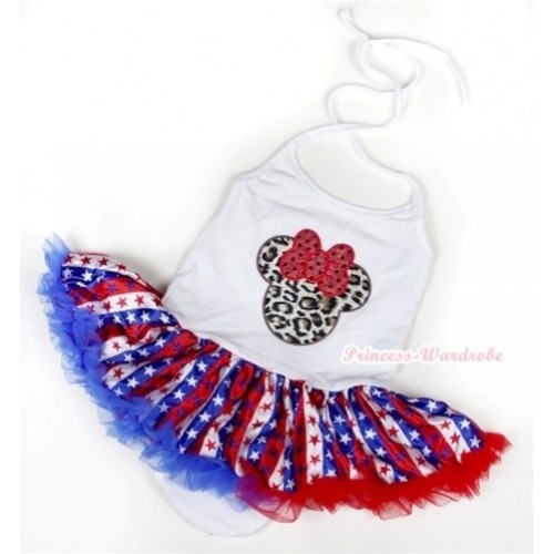 White Baby Halter Jumpsuit Red White Royal Blue Striped Stars Pettiskirt With Leopard Minnie Print JS1034 