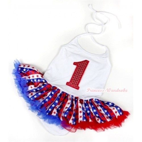 White Baby Halter Jumpsuit Red White Royal Blue Striped Stars Pettiskirt With 1st Sparkle Red Birthday Number Print JS1035 