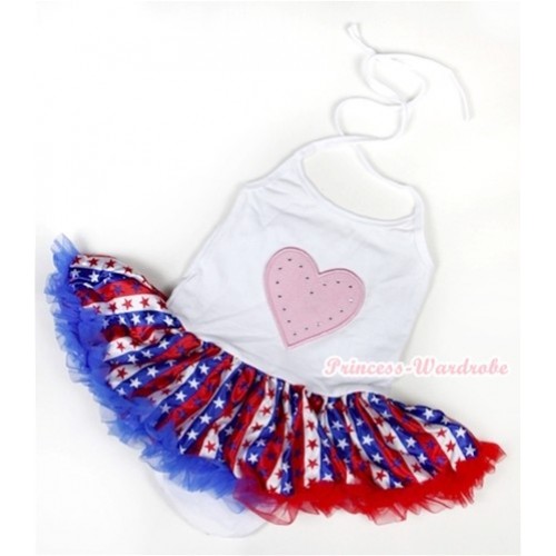 White Baby Halter Jumpsuit Red White Royal Blue Striped Stars Pettiskirt With Light Pink Heart Print JS1039 