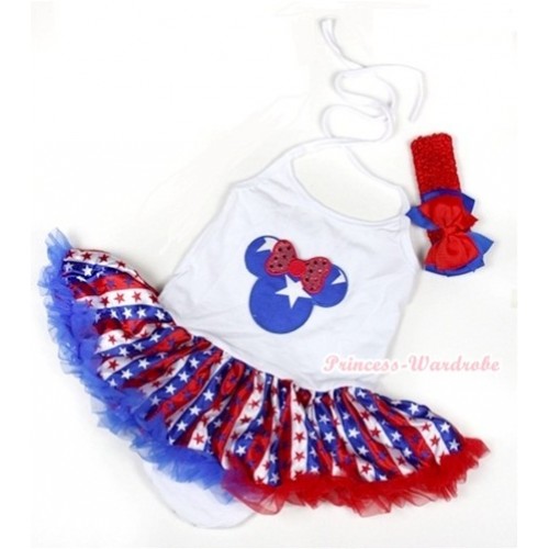 White Baby Halter Jumpsuit Red White Royal Blue Striped Stars Pettiskirt With Patriotic American Minnie Print With Red Headband Red Royal Blue Ribbon Bow JS1046 