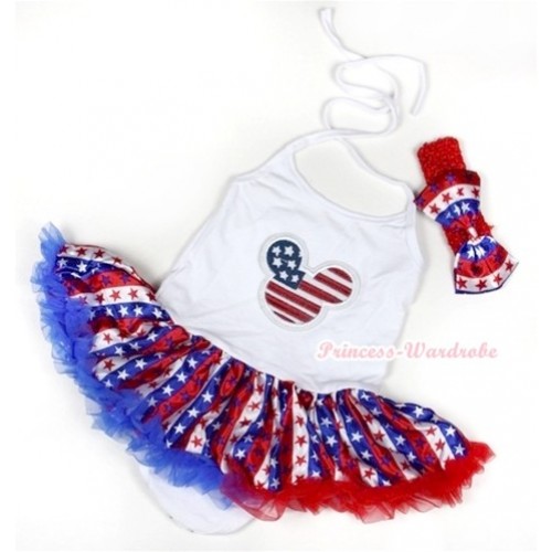 White Baby Halter Jumpsuit Red White Royal Blue Striped Stars Pettiskirt With American Striped Stars Minnie Print With Red Headband Red White Blue Striped Stars Satin Bow JS1050 