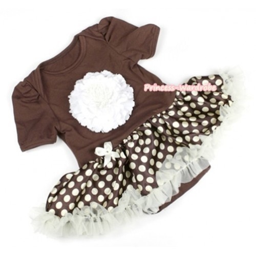 Brown Baby Jumpsuit Brown Golden Polka Dots Pettiskirt with White Peony JS1061 