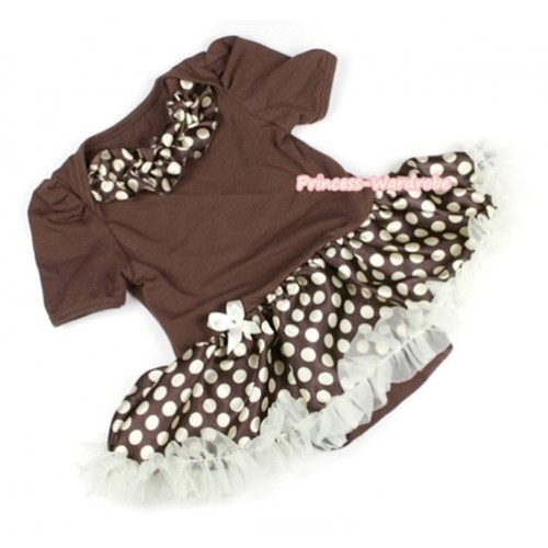 Brown Baby Jumpsuit Brown Golden Polka Dots Pettiskirt With Brown Golden Polka Dots Satin Lacing JS1062 