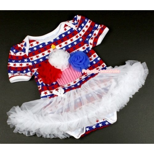 Red White Blue Striped Stars Baby Jumpsuit White Pettiskirt with Red White Royal Blue Rosettes Birthday Cake Print JS1063 