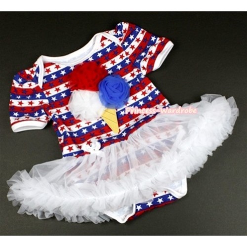 Red White Blue Striped Stars Baby Jumpsuit White Pettiskirt with Red White Royal Blue Rosettes Ice Cream Print JS1064 