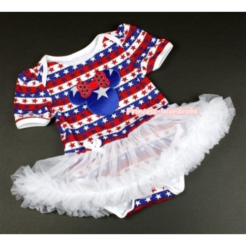 Red White Blue Striped Stars Baby Jumpsuit White Pettiskirt with Patriotic American Minnie Print JS1065 