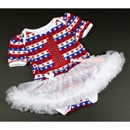 Red White Blue Striped Stars Baby Jumpsuit White Pettiskirt with 1st Sparkle Red Birthday Number Print JS1066 