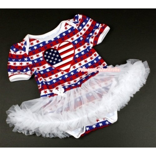 Red White Blue Striped Stars Baby Jumpsuit White Pettiskirt with Patriotic American Heart Print JS1068 