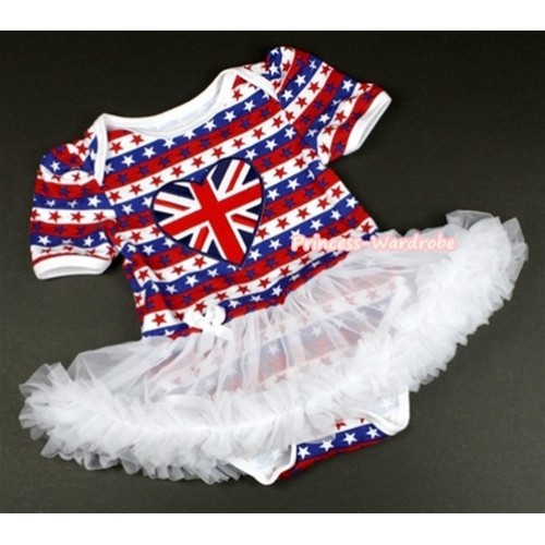 Red White Blue Striped Stars Baby Jumpsuit White Pettiskirt with Patriotic British Heart Print JS1070 