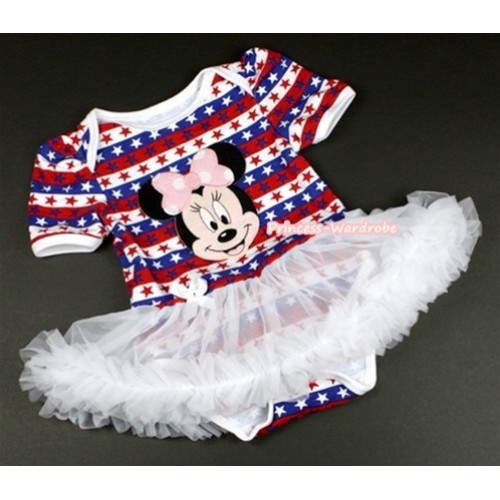 Red White Blue Striped Stars Baby Jumpsuit White Pettiskirt with Light Pink Minnie Print JS1071 